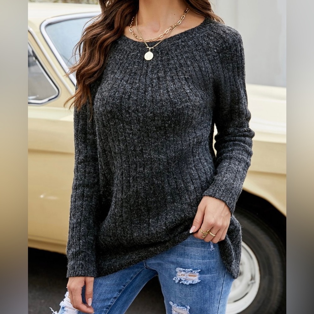 Black Rib-Knit Back Collar-Tie Sweater